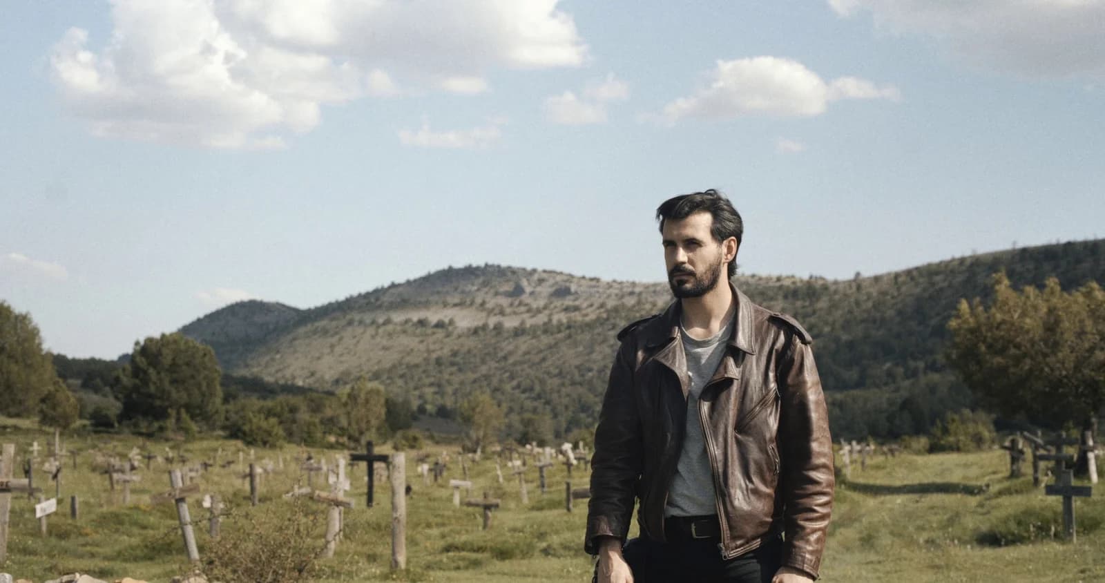 Visit photo at Sad Hill Cemetery, lined up with the film still